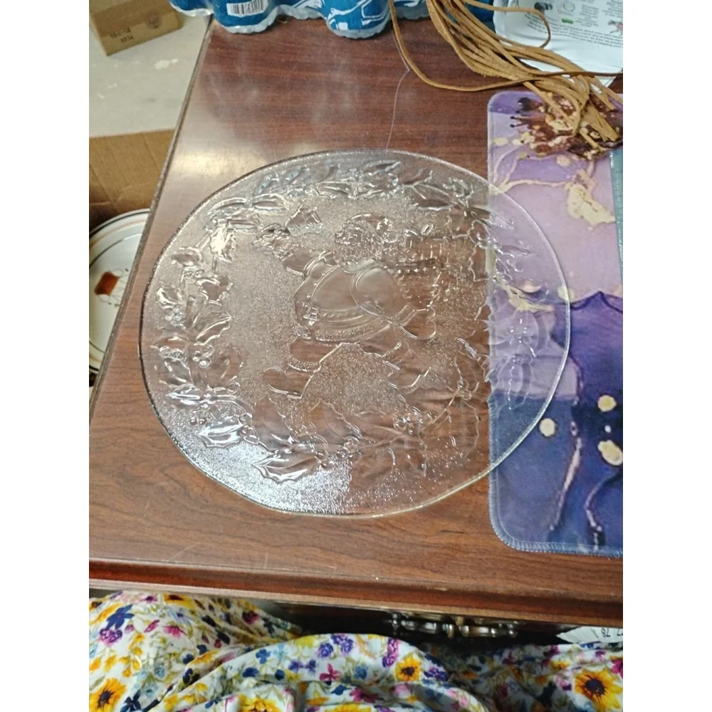Vintage Santa Claus Christmas Platter Glass Serving Plate Made In Italy Holiday